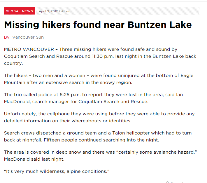 Missing hikers found near Buntzen Lake    Globalnews.ca