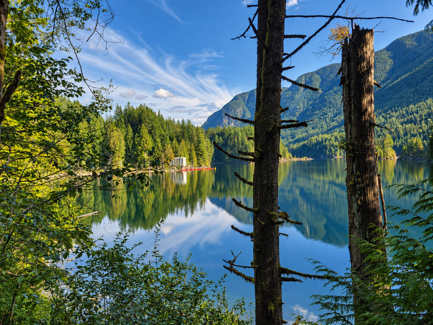 Scenic view of Buntzen Lake and the surrounding forested mountains