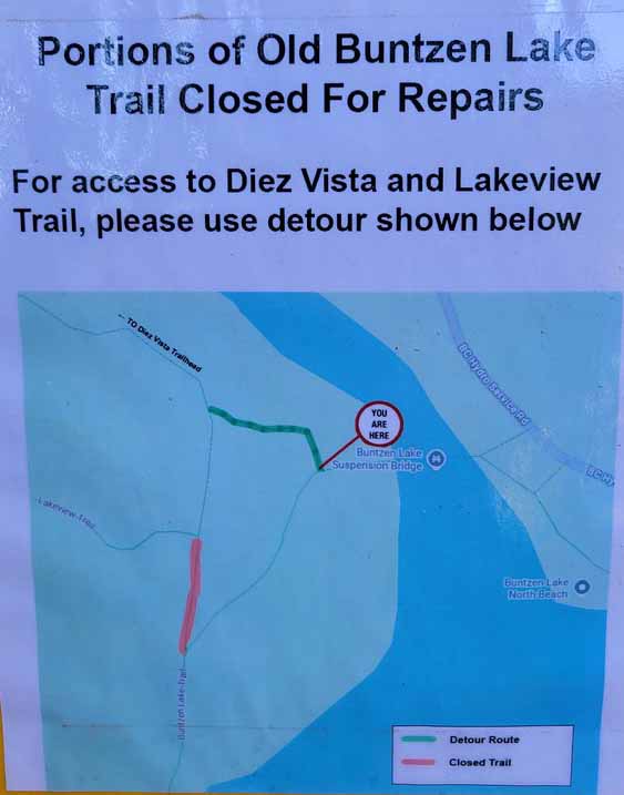 Official notice showing Old Buntzen Lake Trail closure and temporary detour map
