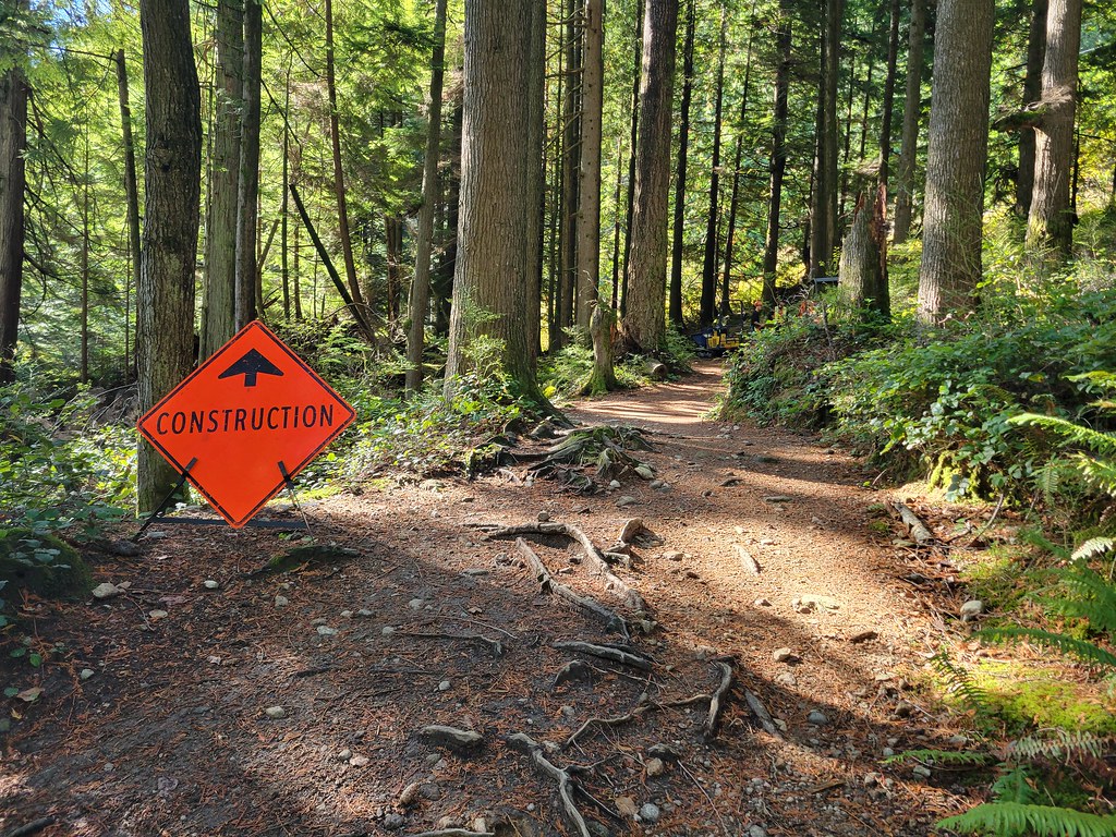 Construction warning sign along Old Buntzen Lake Trail